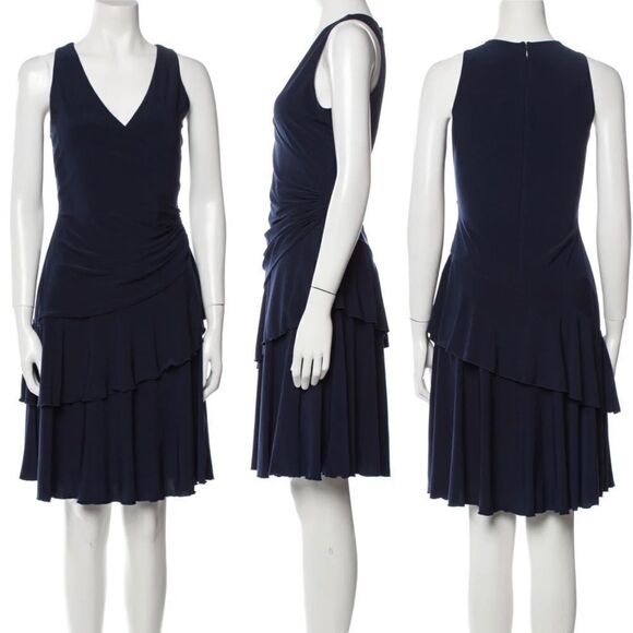 Luxe by Carmen Marc Volvo Drape Front Sleeveless Tiered Navy Midi Dress Sz 22 - Picture 9 of 9